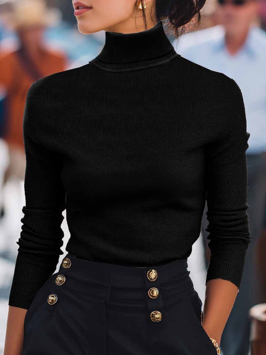 Women Plain Split Joint Spring/Fall Street Long Sleeve Turtleneck Sweater
