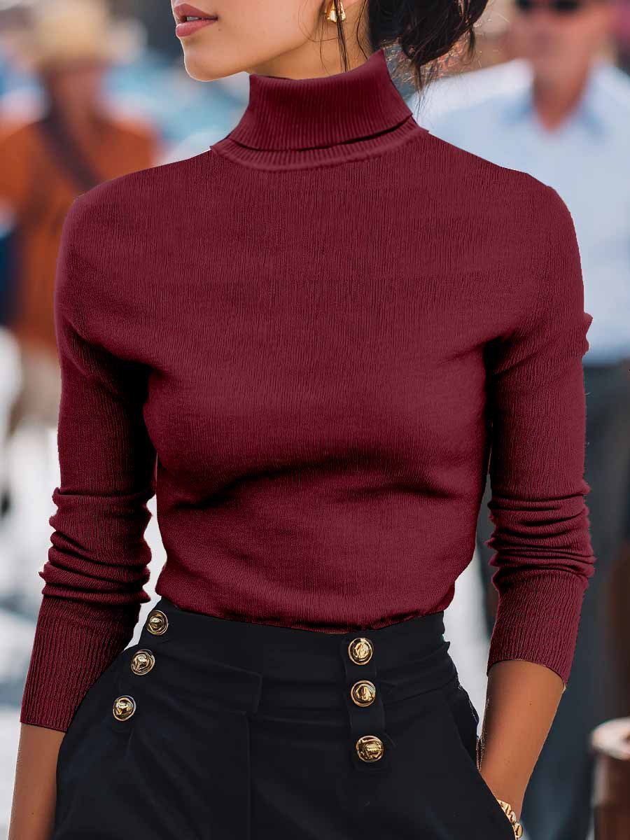 Women Plain Split Joint Spring/Fall Street Long Sleeve Turtleneck Sweater