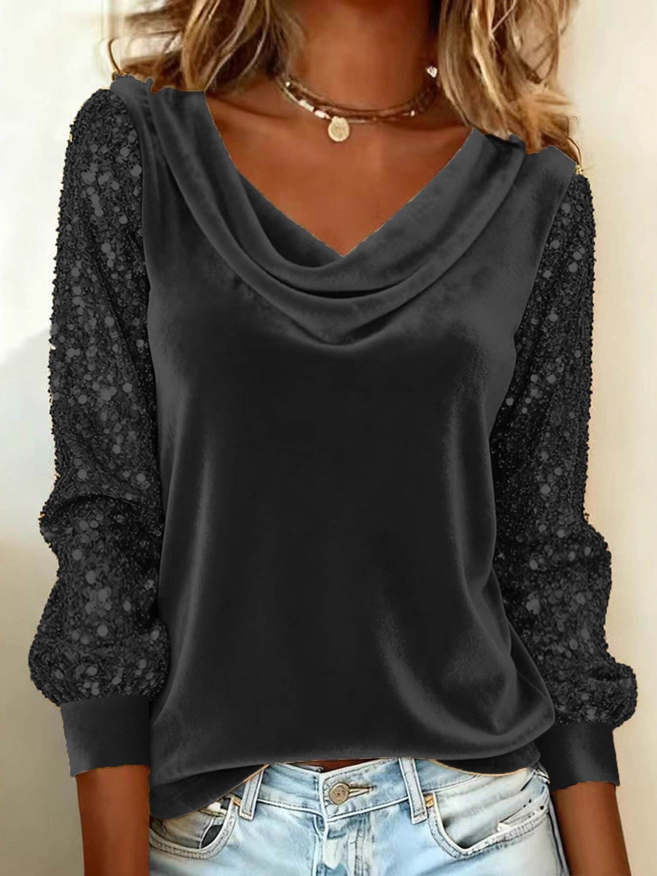 Women Plain Long Sleeve Tee T-shirt Cowl Neck Split Joint Vintage Spring/Fall Top