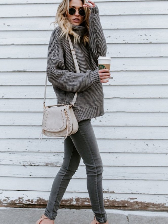 Women Plain Split Joint Winter Street Long Sleeve Turtleneck Sweater