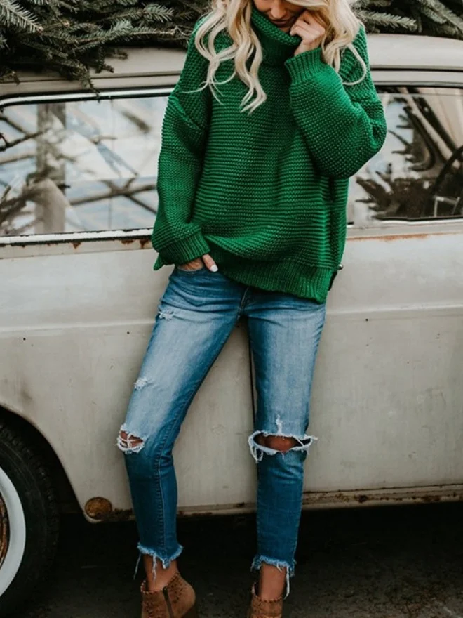 Women Plain Split Joint Winter Street Long Sleeve Turtleneck Sweater