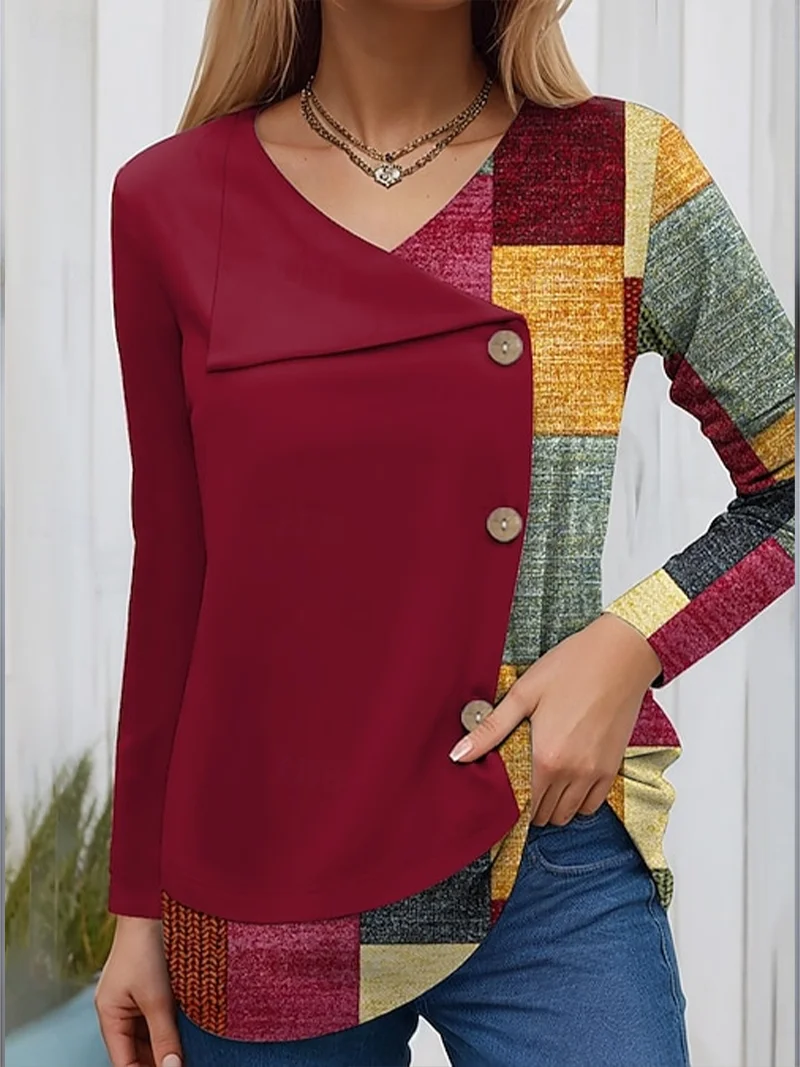 Women Plaid Long Sleeve Tee T-shirt V Neck Printing Casual Spring/Fall Top