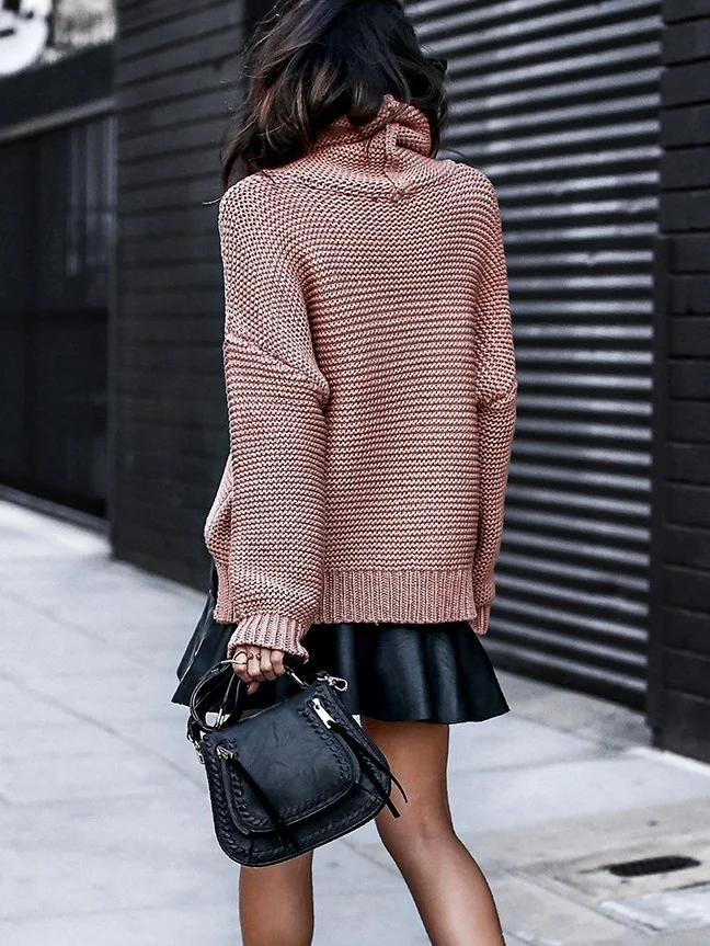 Women Plain Split Joint Winter Street Long Sleeve Turtleneck Sweater