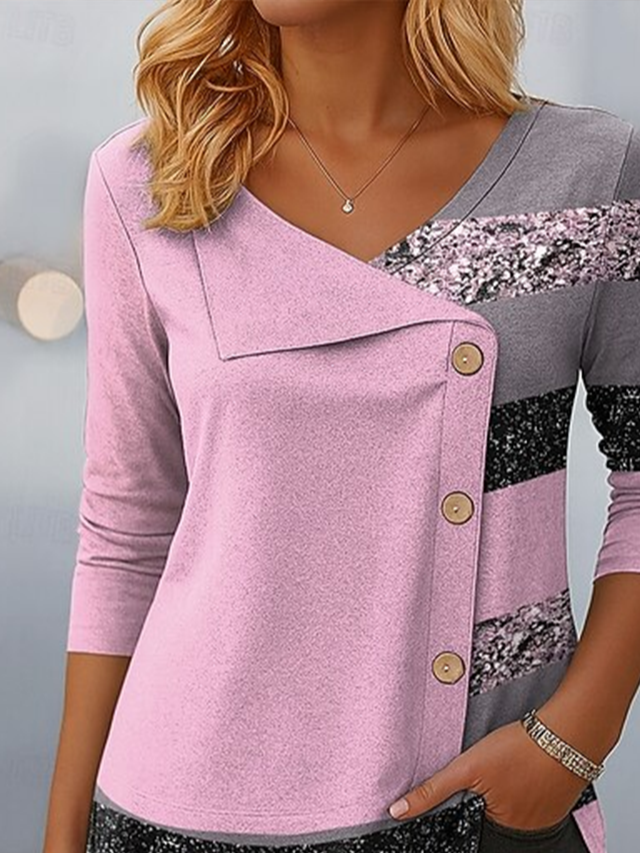 Women Abstract Stripes Long Sleeve Tee T-shirt V Neck Printing Casual Spring/Fall Top