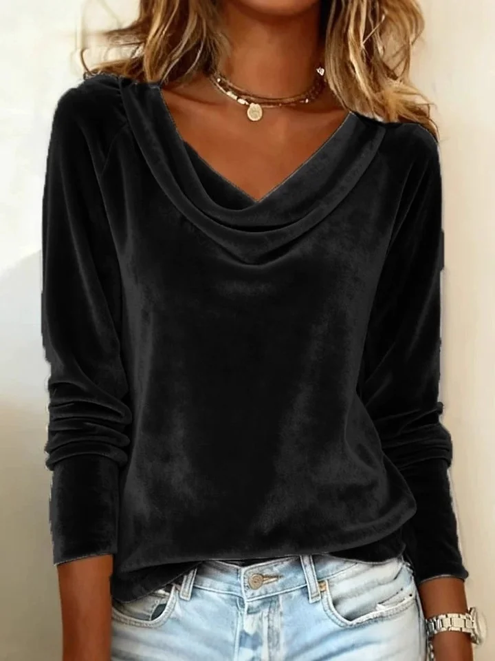 Women Plain Long Sleeve Tee T-shirt Cowl Neck Gathered Vintage Spring/Fall Top