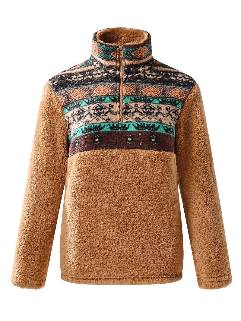 Women Geometric Stand Collar Printing Vintage Spring/Fall Long Sleeve Sweatshirt