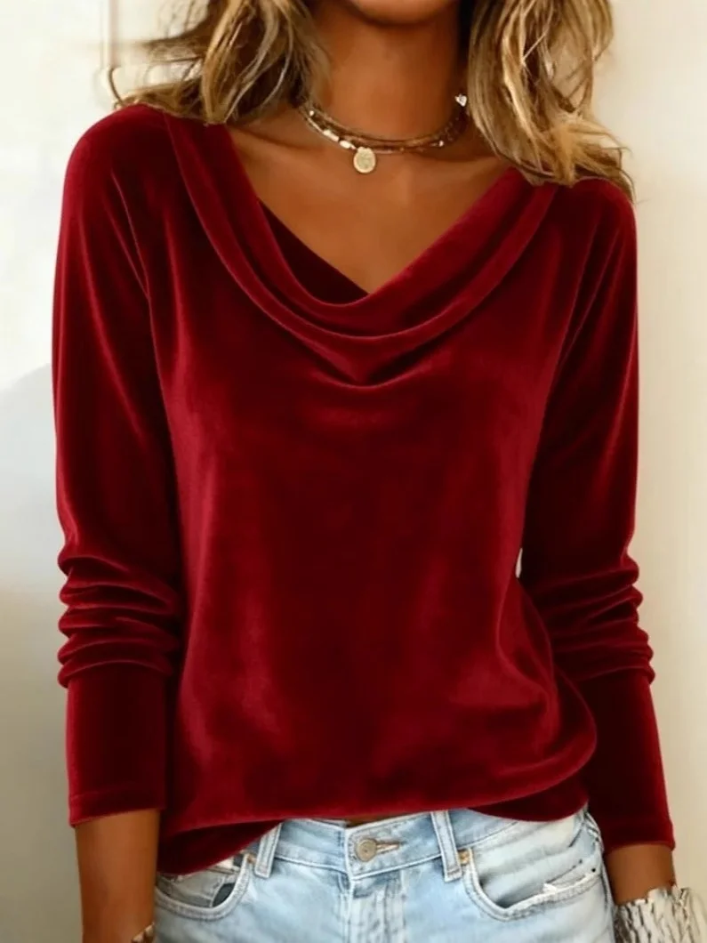Women Plain Long Sleeve Tee T-shirt Cowl Neck Gathered Vintage Spring/Fall Top