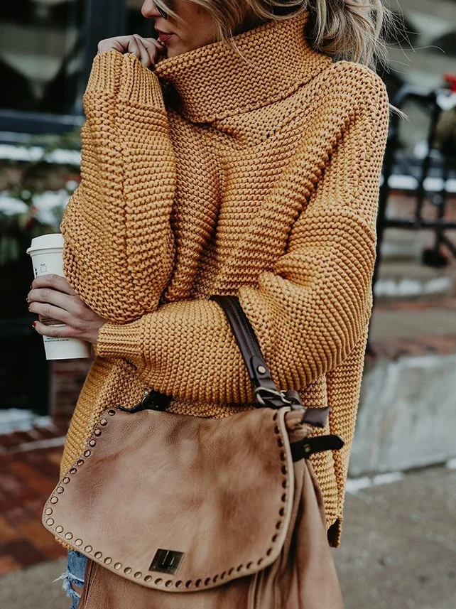 Women Plain Split Joint Winter Street Long Sleeve Turtleneck Sweater