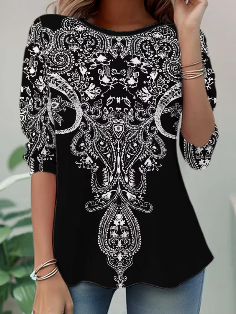 Women Abstract Long Sleeve Tee T-shirt Crew Neck Casual Spring/Fall Tunic Top