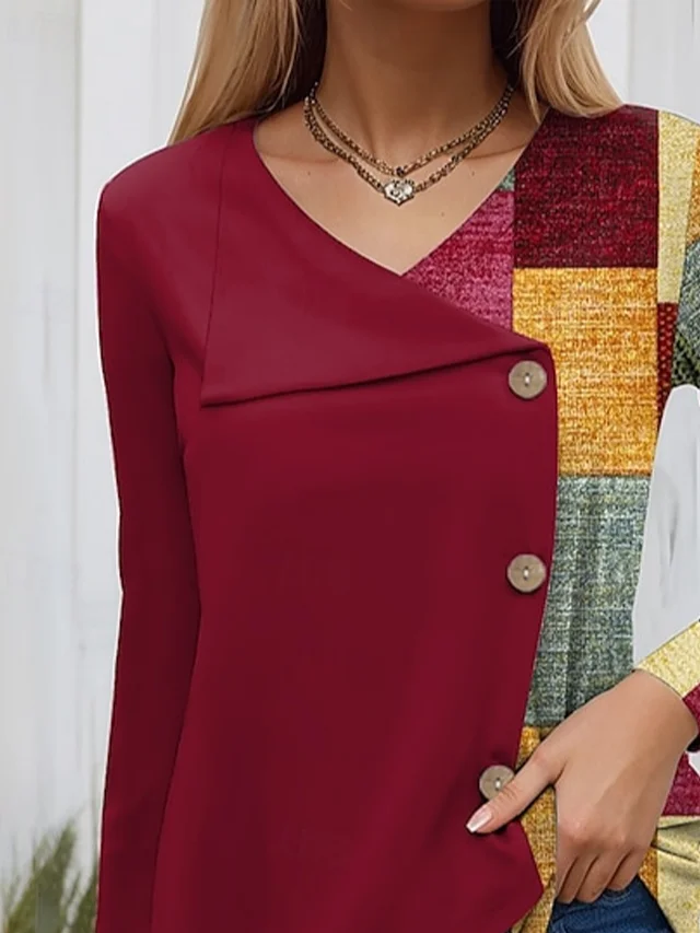 Women Plaid Long Sleeve Tee T-shirt V Neck Printing Casual Spring/Fall Top