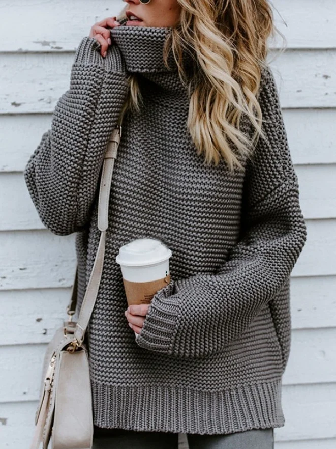 Women Plain Split Joint Winter Street Long Sleeve Turtleneck Sweater