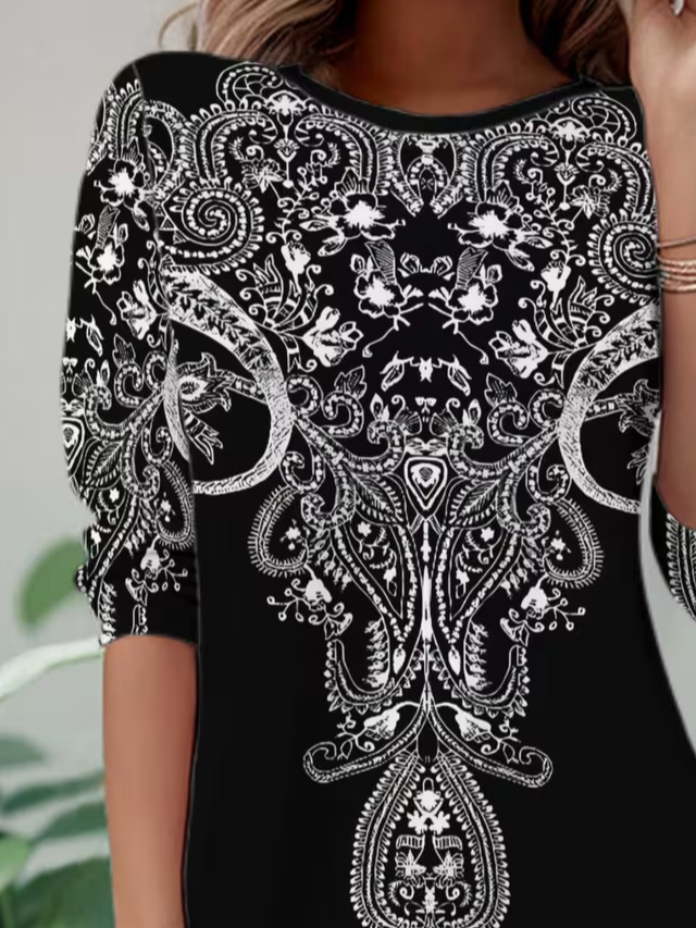 Women Abstract Long Sleeve Tee T-shirt Crew Neck Casual Spring/Fall Tunic Top