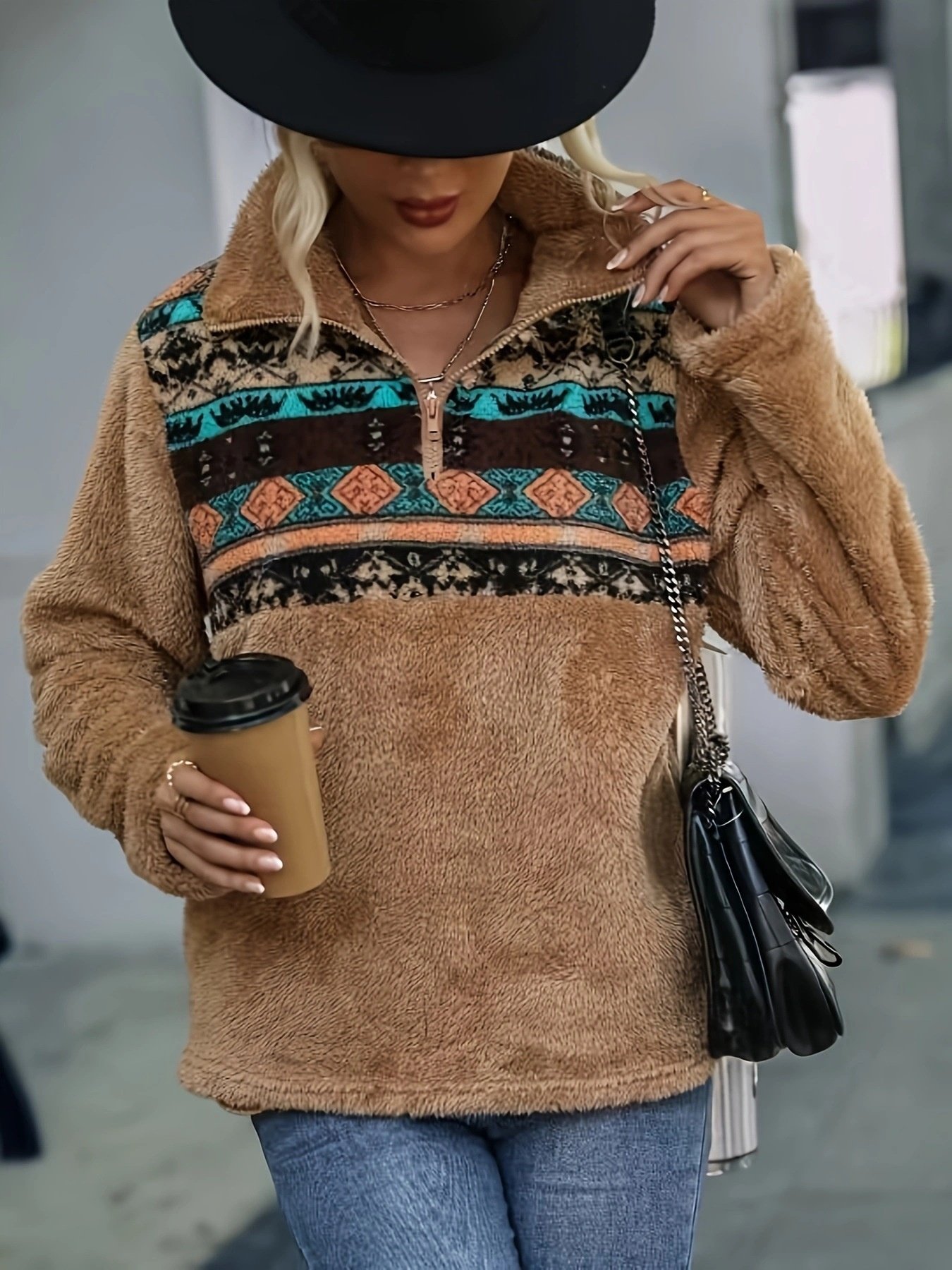 Women Geometric Stand Collar Printing Vintage Spring/Fall Long Sleeve Sweatshirt