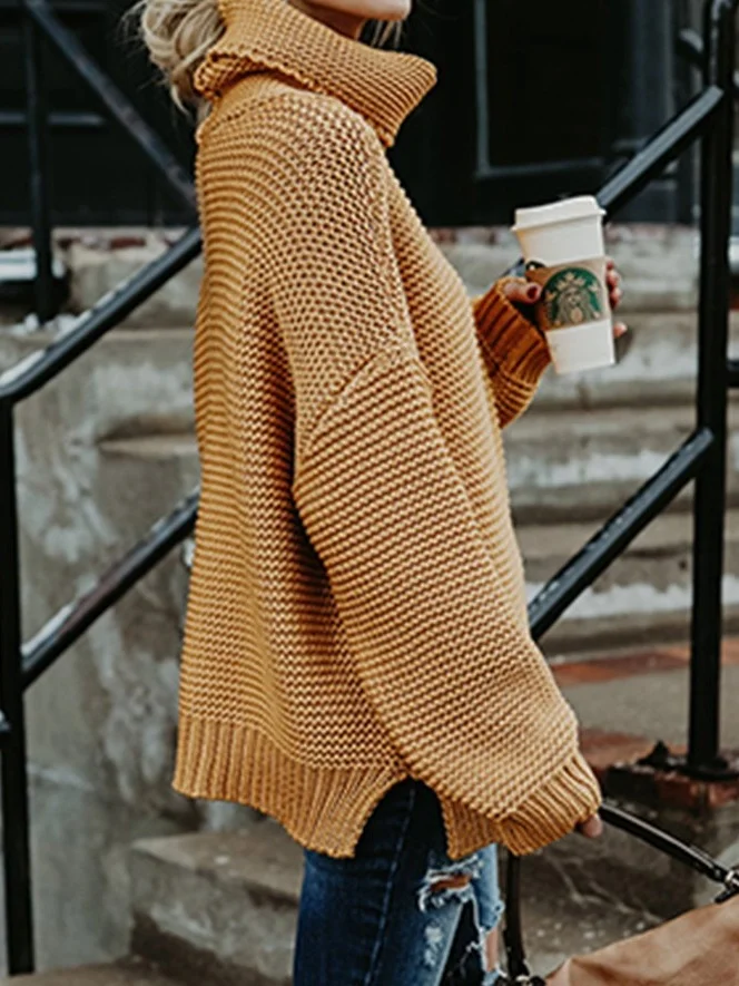 Women Plain Split Joint Winter Street Long Sleeve Turtleneck Sweater