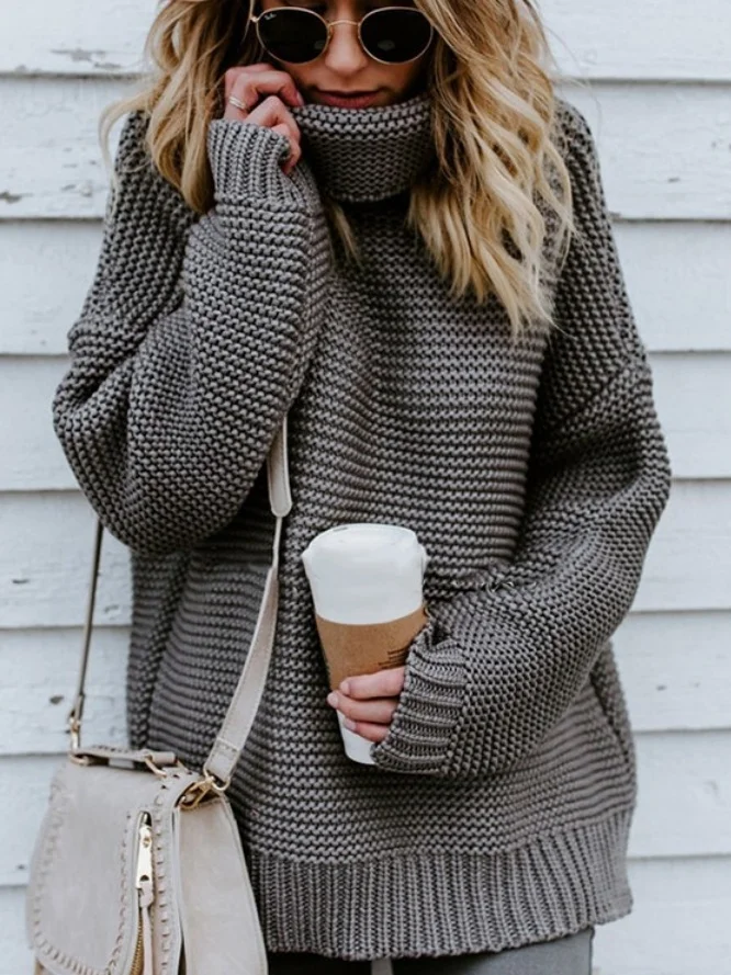 Women Plain Split Joint Winter Street Long Sleeve Turtleneck Sweater