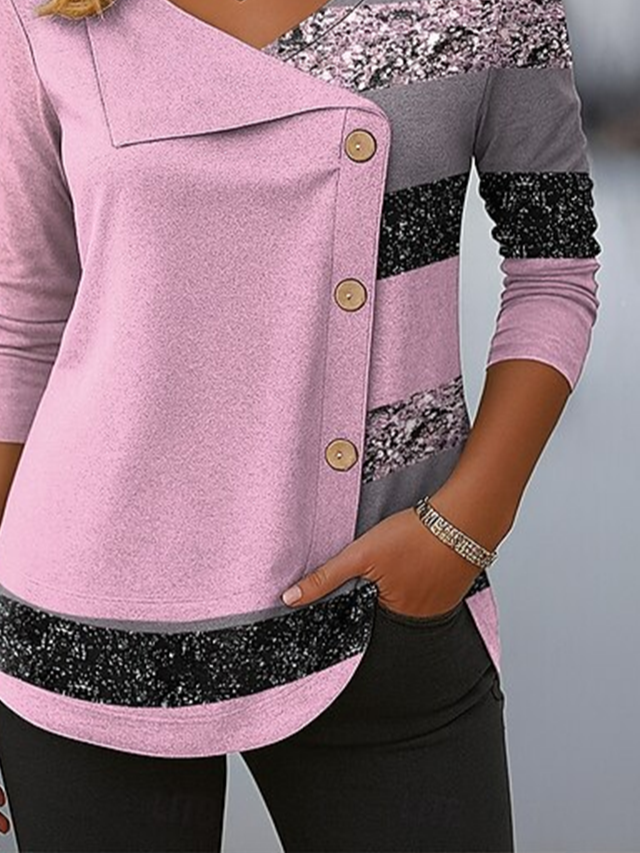 Women Abstract Stripes Long Sleeve Tee T-shirt V Neck Printing Casual Spring/Fall Top