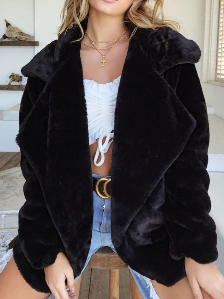 Women Spring/Fall Outerwear Casual Split Joint Plain Long Sleeve Lapel Collar Jacket