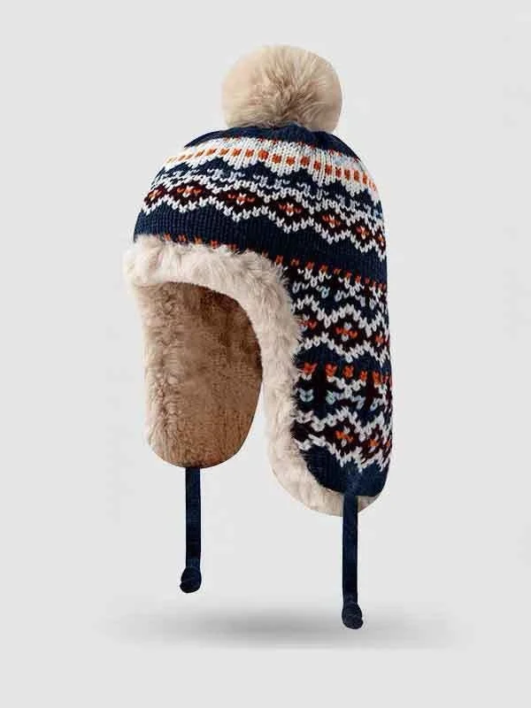 Winter Knitted Thickened Fleece-lined Neck Protector Warm Jacquard Pattern Versatile Casual Ear-covering Hat