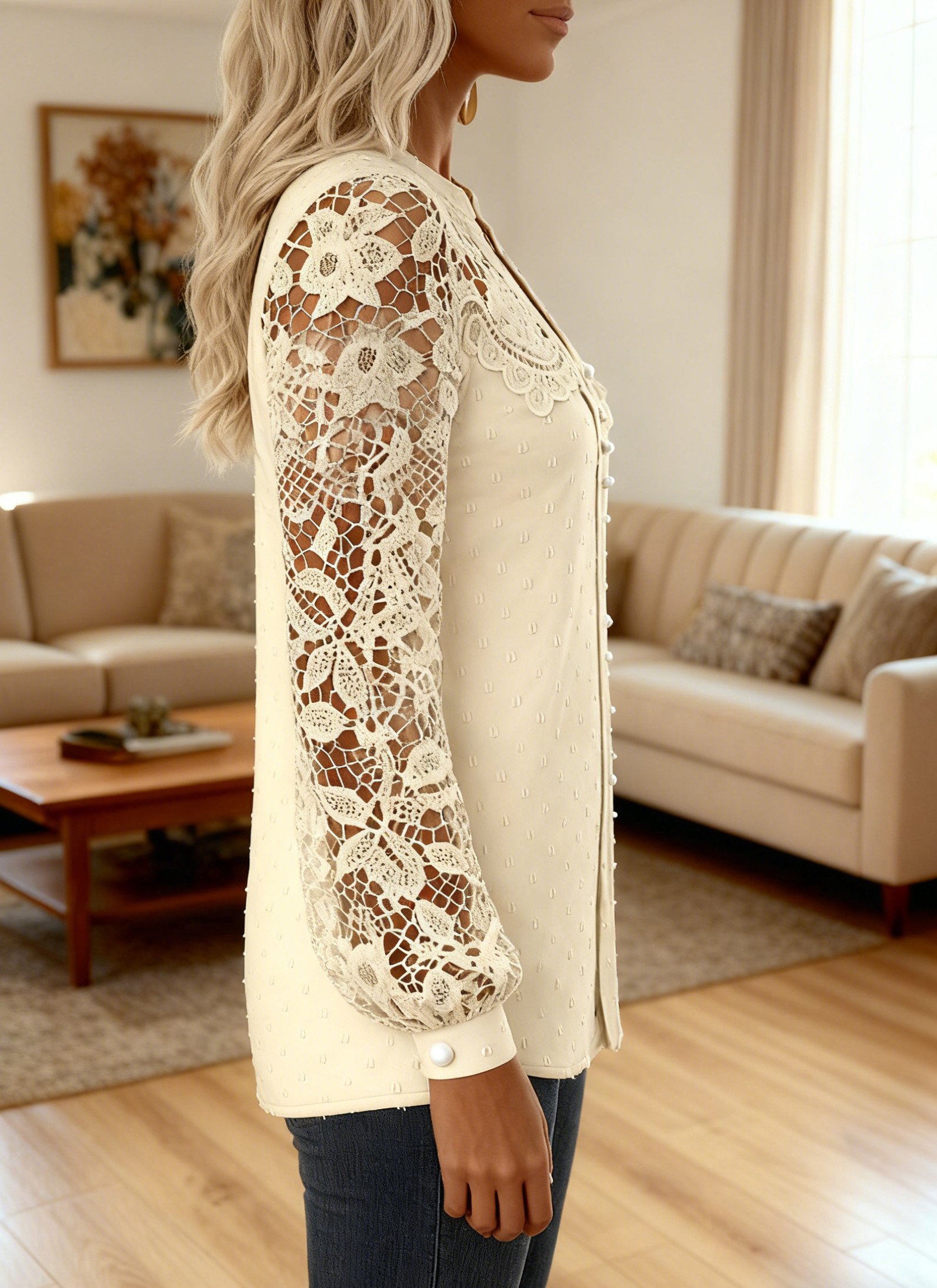 Women Lace Long Sleeve Shirt Spring/Fall V Neck Daily Casual Top