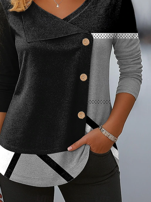 Women Abstract Long Sleeve Tee T-shirt V Neck Printing Casual Spring/Fall Top