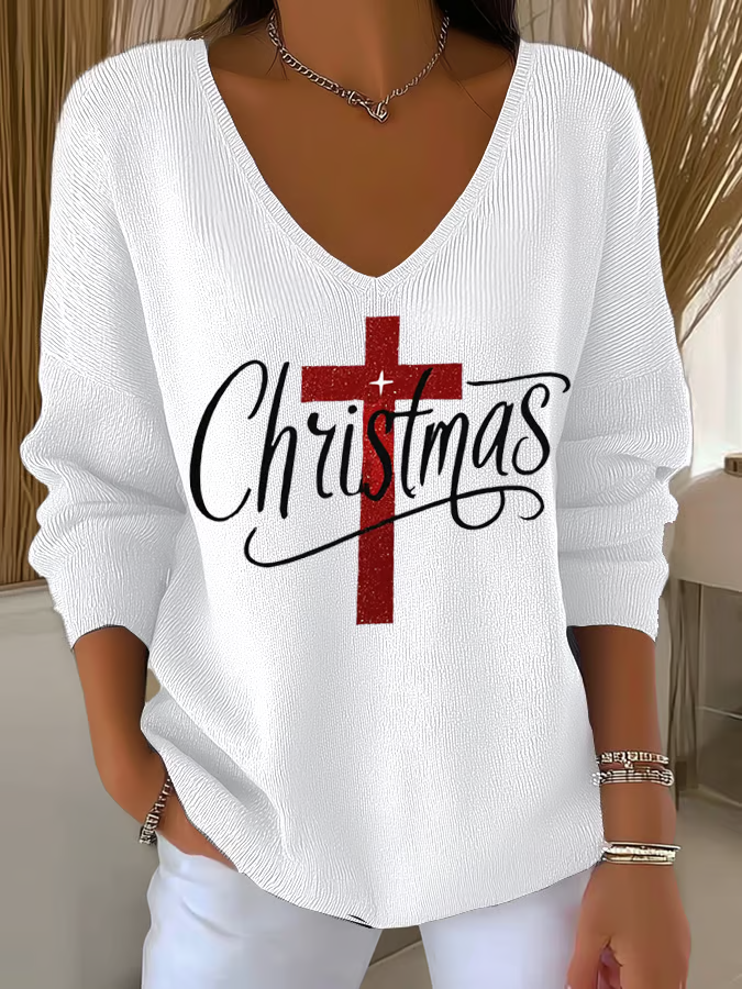 Women Christmas Long Sleeve Tee T-shirt V Neck Printing Casual Spring/Fall Top