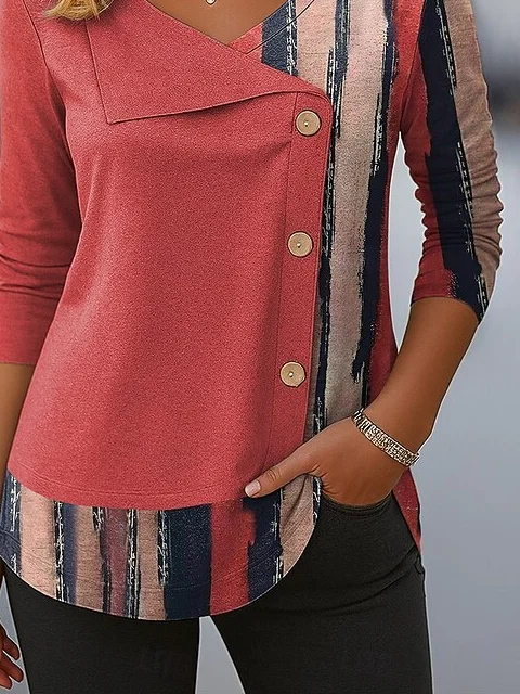 Women Striped Long Sleeve Tee T-shirt V Neck Printing Casual Spring/Fall Top