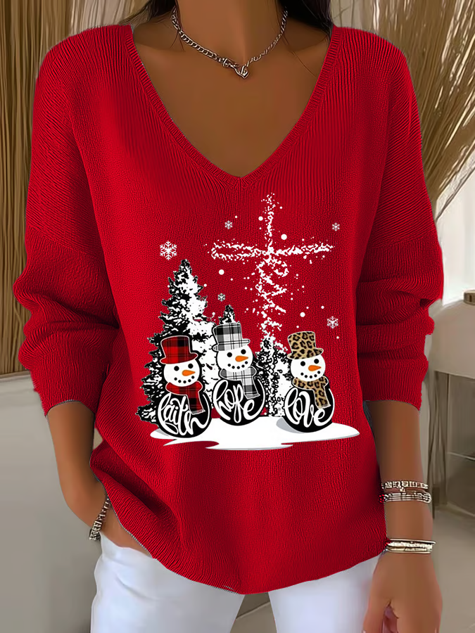 Women Christmas Snowman Long Sleeve Tee T-shirt V Neck Printing Casual Spring/Fall Top