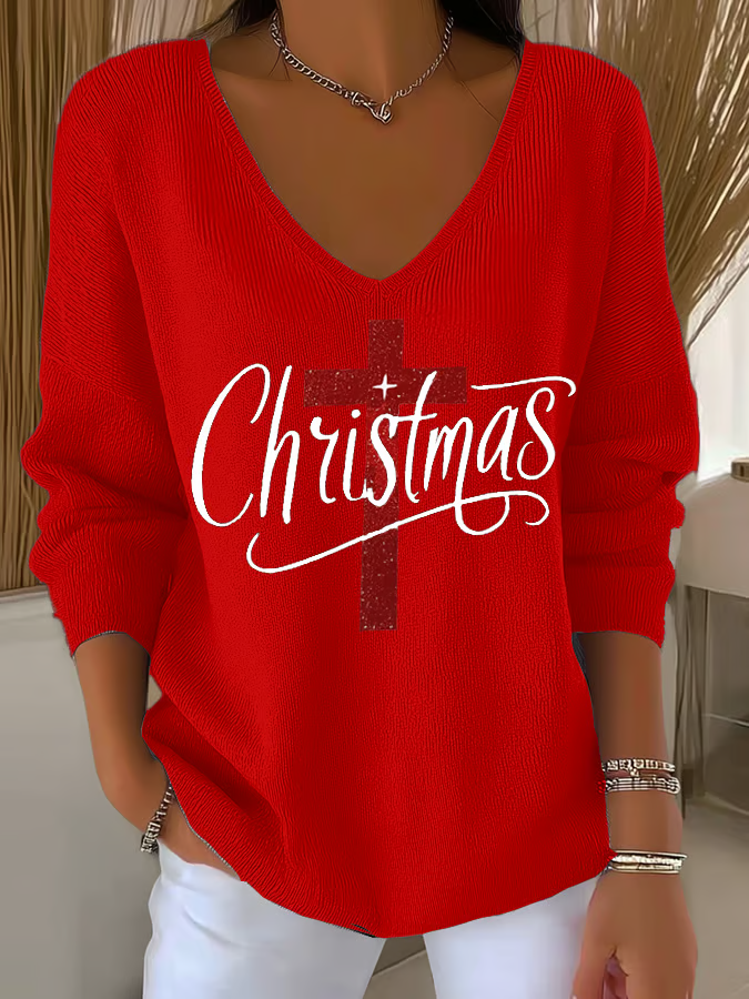 Women Christmas Long Sleeve Tee T-shirt V Neck Printing Casual Spring/Fall Top