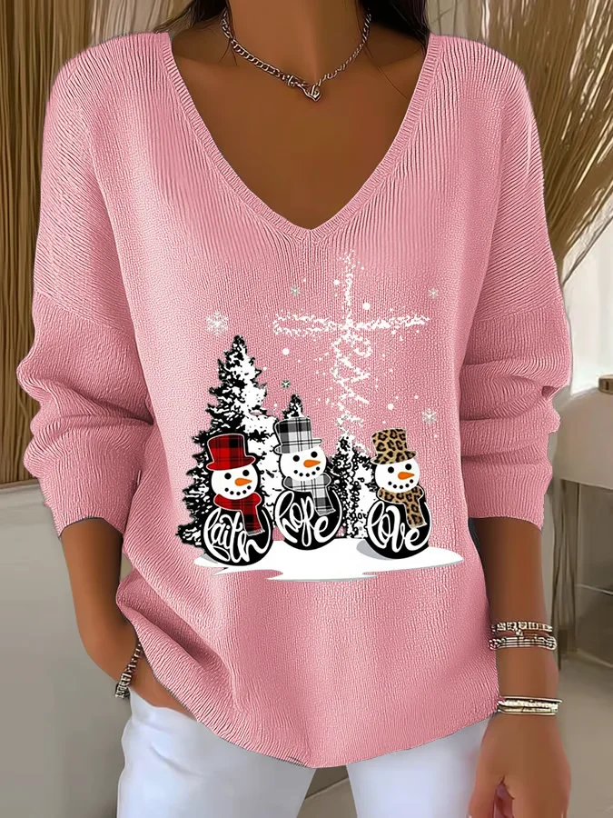 Women Christmas Snowman Long Sleeve Tee T-shirt V Neck Printing Casual Spring/Fall Top