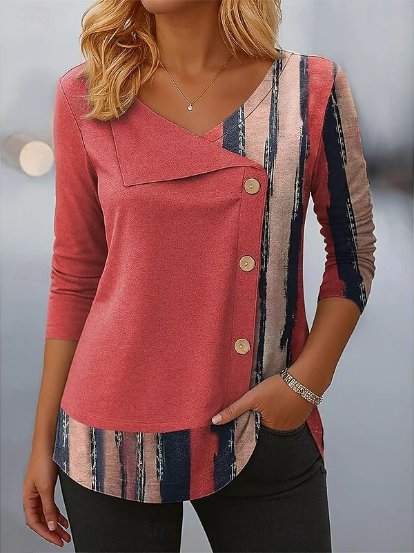 Women Striped Long Sleeve Tee T-shirt V Neck Printing Casual Spring/Fall Top