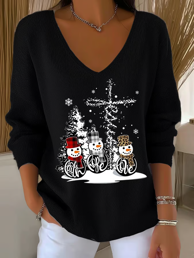 Women Christmas Snowman Long Sleeve Tee T-shirt V Neck Printing Casual Spring/Fall Top