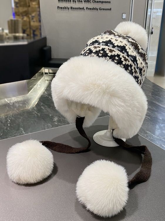 Winter Knitted Thickened Fleece-lined Neck Protector Warm Jacquard Pattern Versatile Casual Ear-covering Hat