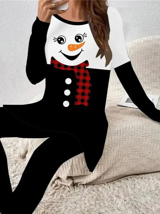 Women Christmas Snowman Printing Two-Piece Set Daily Long Sleeve Casual Spring/Fall Top With Pants Matching Set