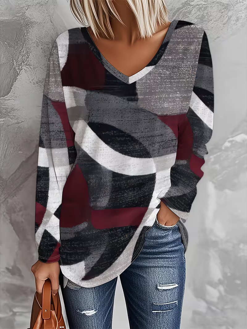 Women Abstract Long Sleeve Tee T-shirt V Neck Printing Casual Spring/Fall Graphic Tee Top