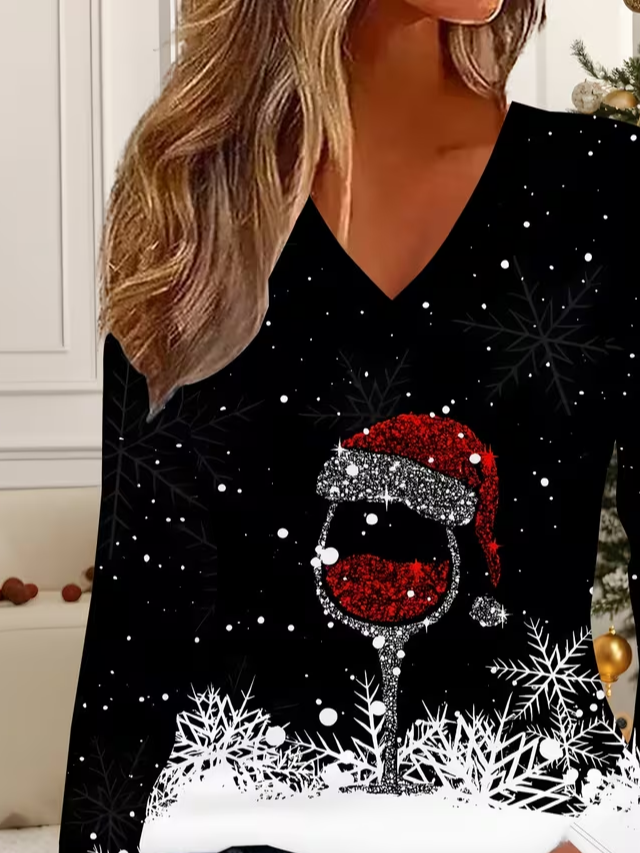 Women Christmas Long Sleeve Tee T-shirt V Neck Printing Casual Spring/Fall Graphic Tee Top