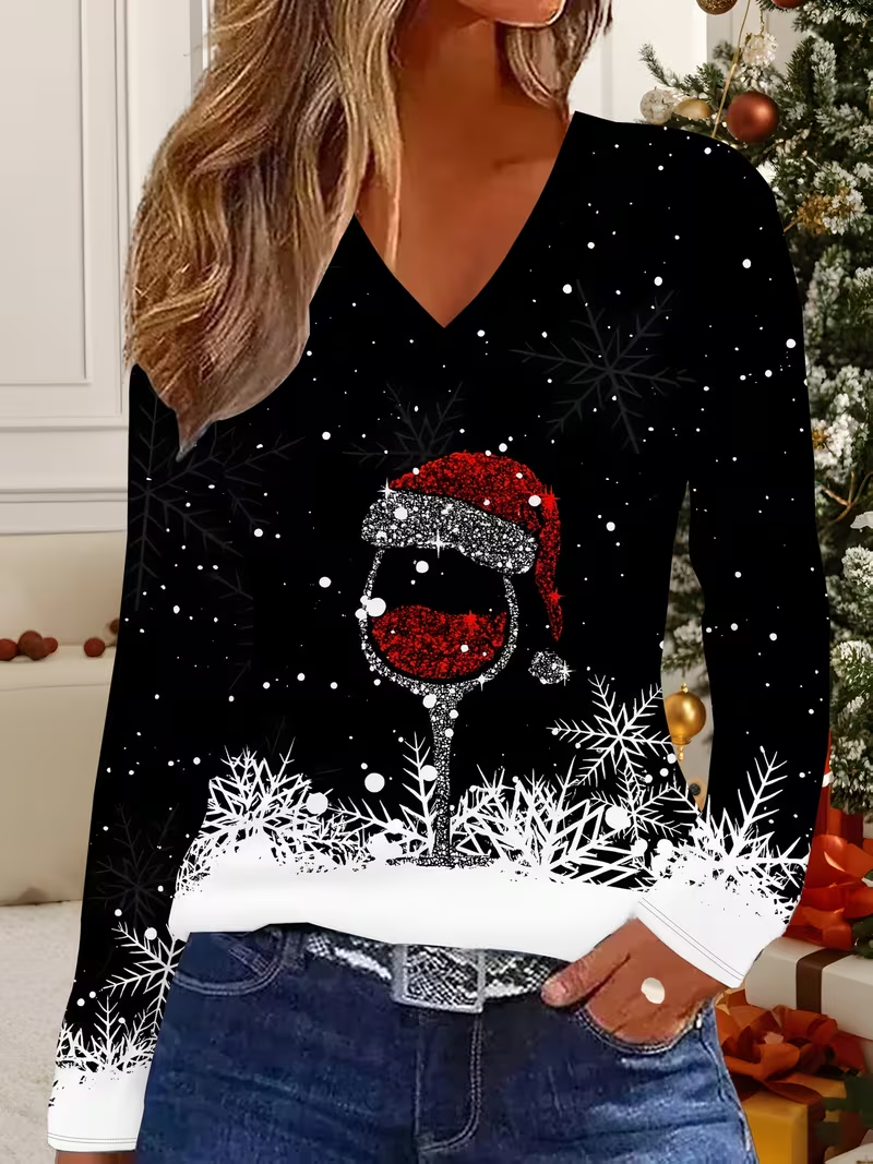 Women Christmas Long Sleeve Tee T-shirt V Neck Printing Casual Spring/Fall Graphic Tee Top