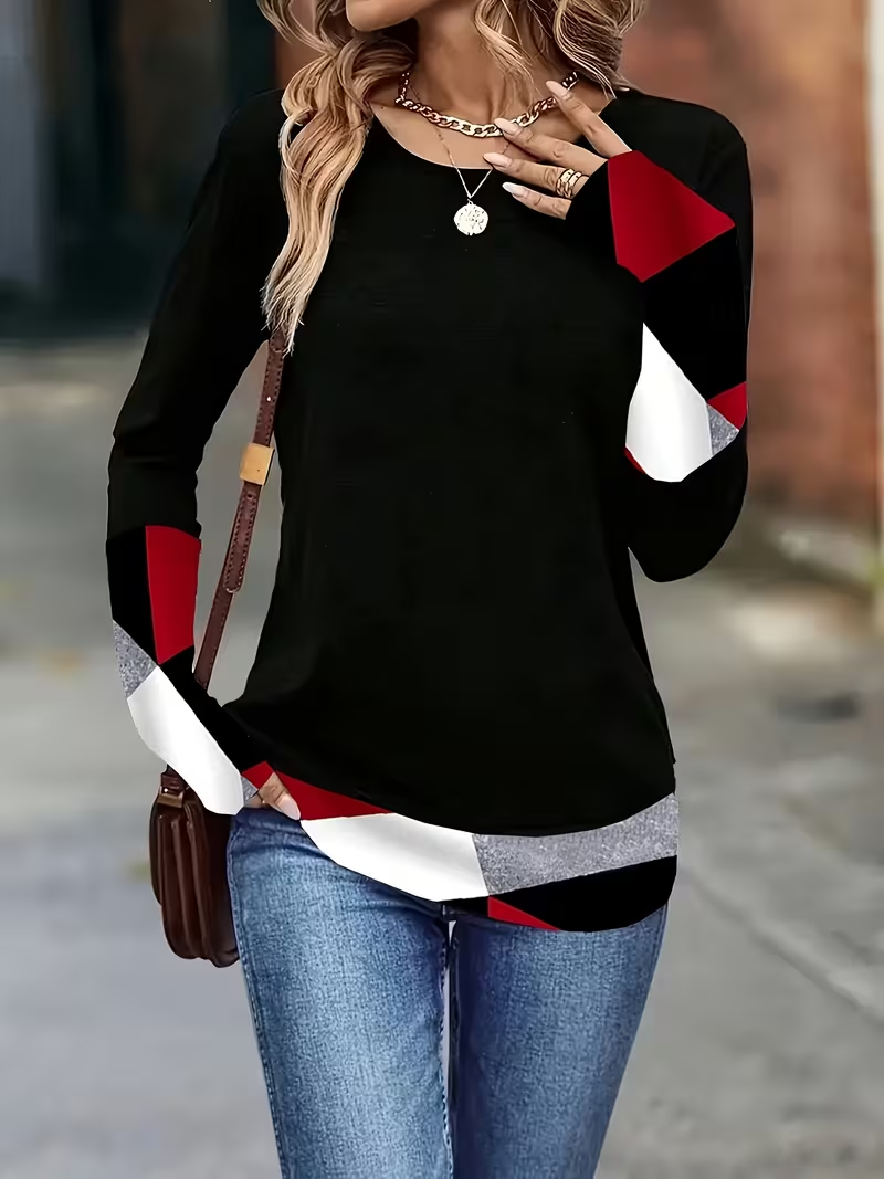 Women Abstract Long Sleeve Tee T-shirt Crew Neck Casual Spring/Fall Tunic Top