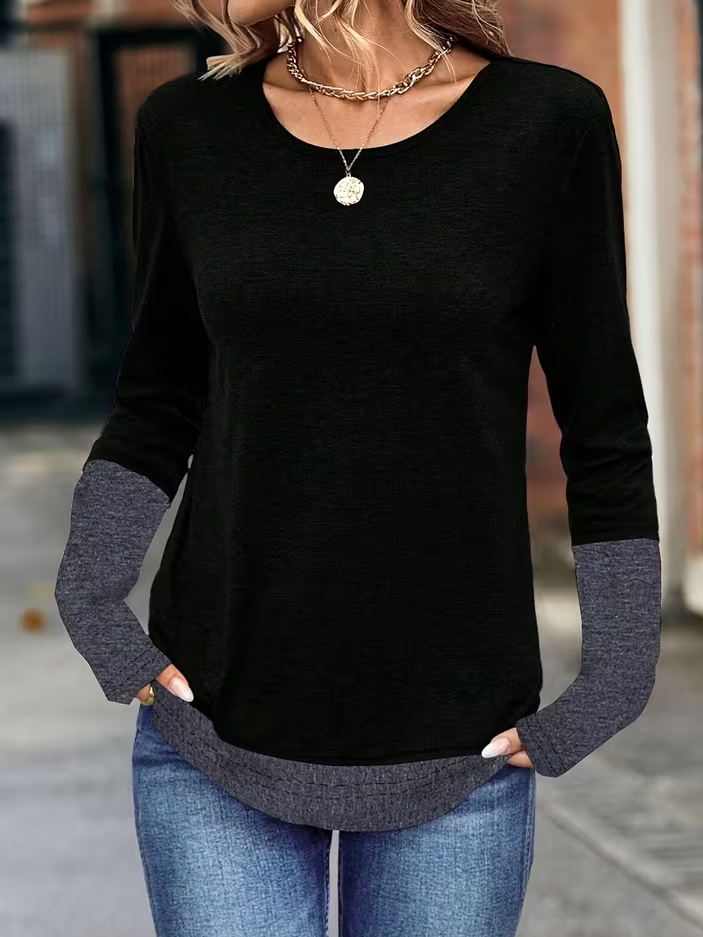 Women Contrast Stitching Long Sleeve Tee T-shirt Crew Neck Casual Spring/Fall Tunic Top