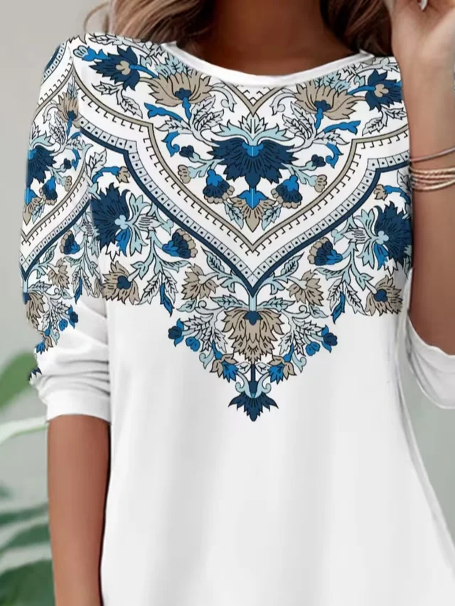 Women Ethnic Long Sleeve Tee T-shirt Crew Neck Casual Spring/Fall Tunic Top