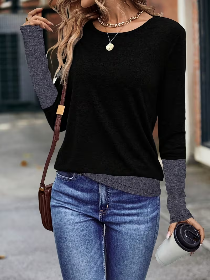 Women Contrast Stitching Long Sleeve Tee T-shirt Crew Neck Casual Spring/Fall Tunic Top