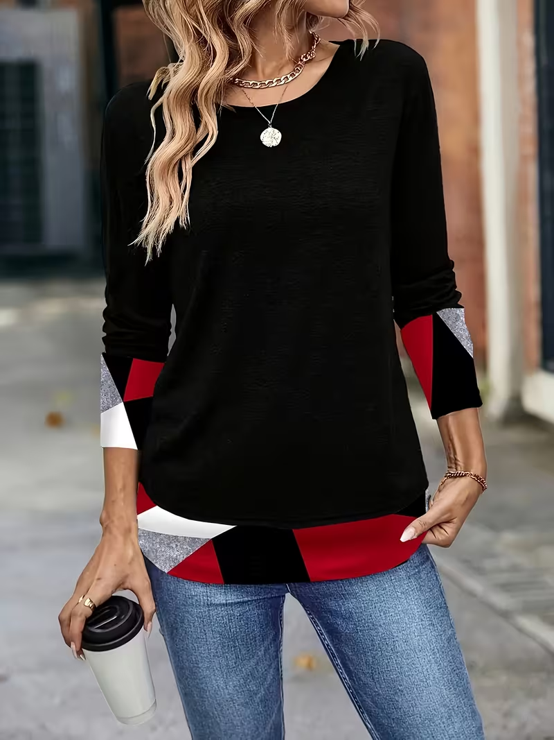 Women Abstract Long Sleeve Tee T-shirt Crew Neck Casual Spring/Fall Tunic Top