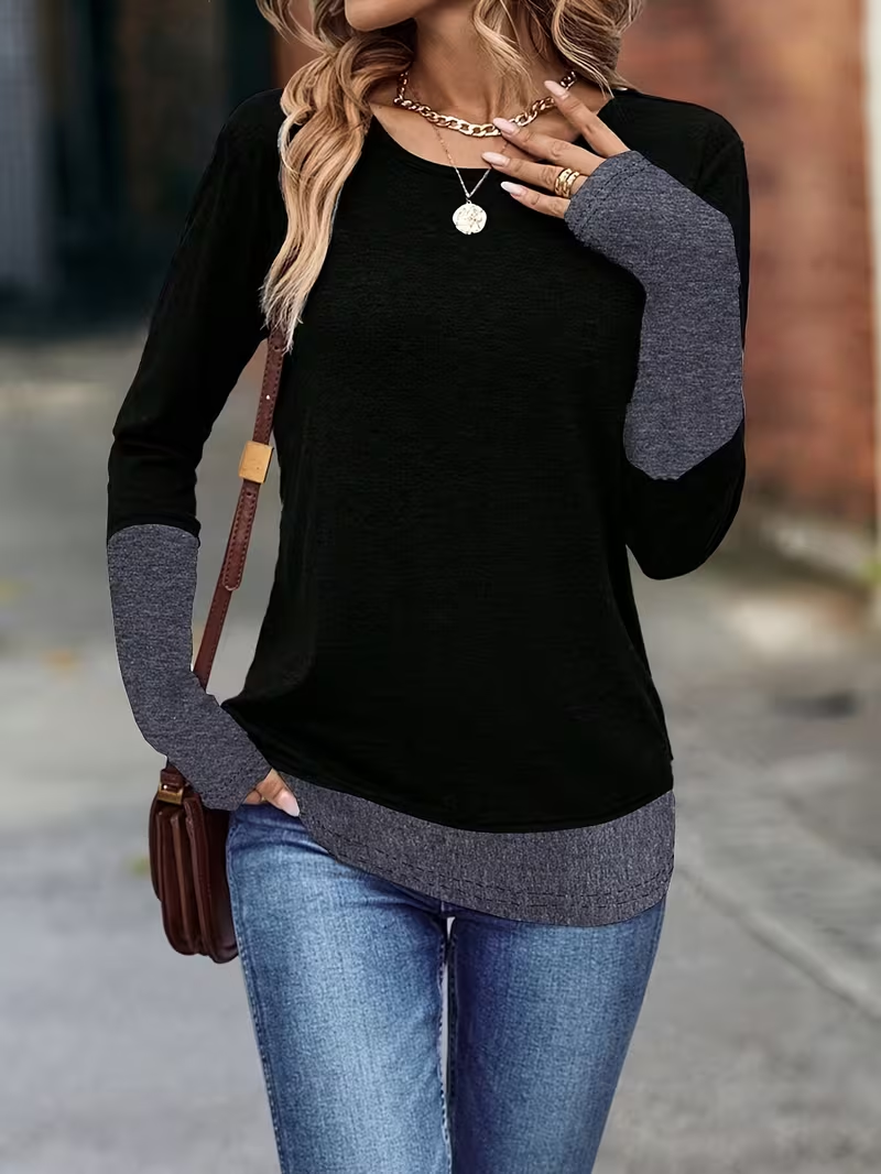 Women Contrast Stitching Long Sleeve Tee T-shirt Crew Neck Casual Spring/Fall Tunic Top