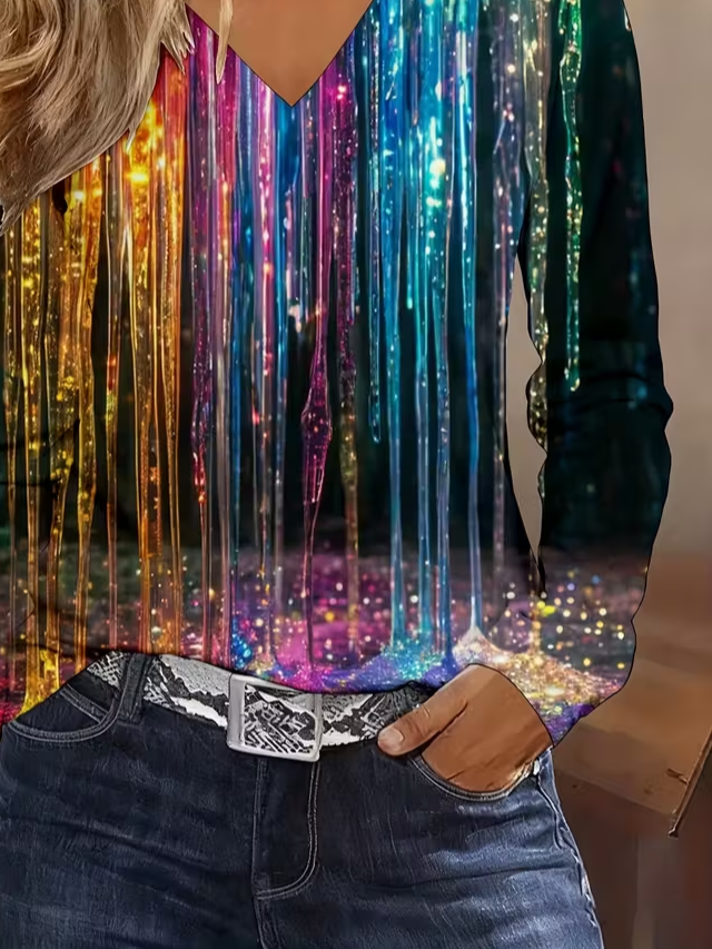 Women Abstract Long Sleeve Tee T-shirt V Neck Printing Casual Spring/Fall Graphic Tee Top