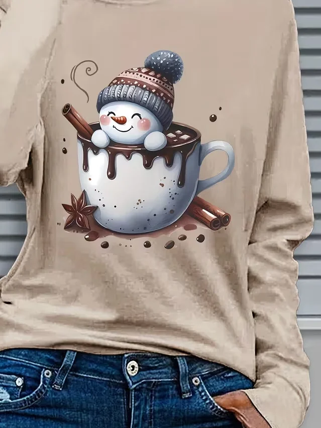 Women Christmas Snowman Long Sleeve Tee T-shirt Crew Neck Casual Spring/Fall Tunic Top