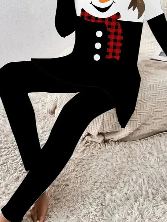 Women Christmas Snowman Printing Two-Piece Set Daily Long Sleeve Casual Spring/Fall Top With Pants Matching Set