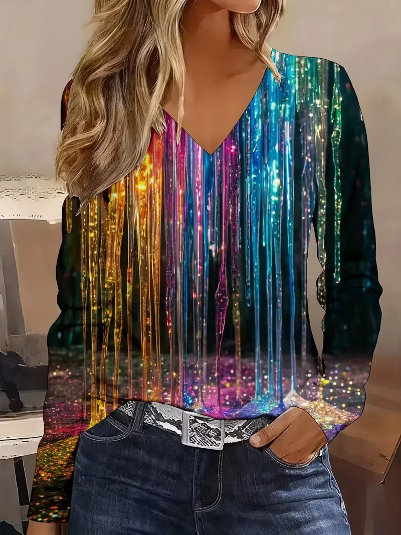 Women Abstract Long Sleeve Tee T-shirt V Neck Printing Casual Spring/Fall Graphic Tee Top