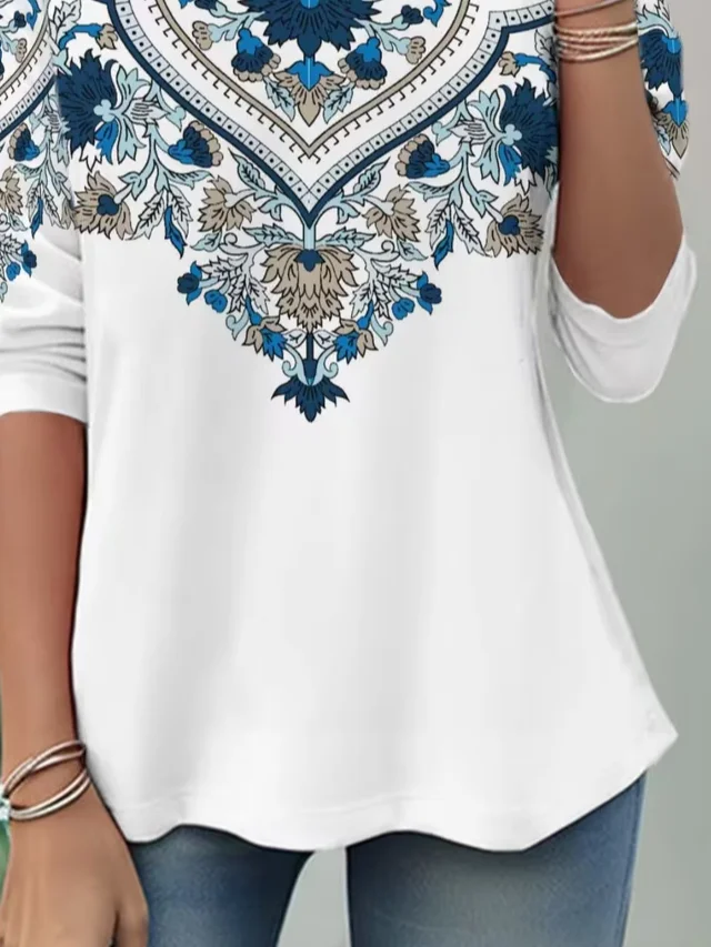 Women Ethnic Long Sleeve Tee T-shirt Crew Neck Casual Spring/Fall Tunic Top