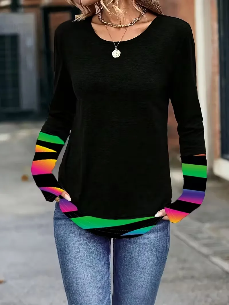 Women Abstract Long Sleeve Tee T-shirt Crew Neck Casual Spring/Fall Tunic Top