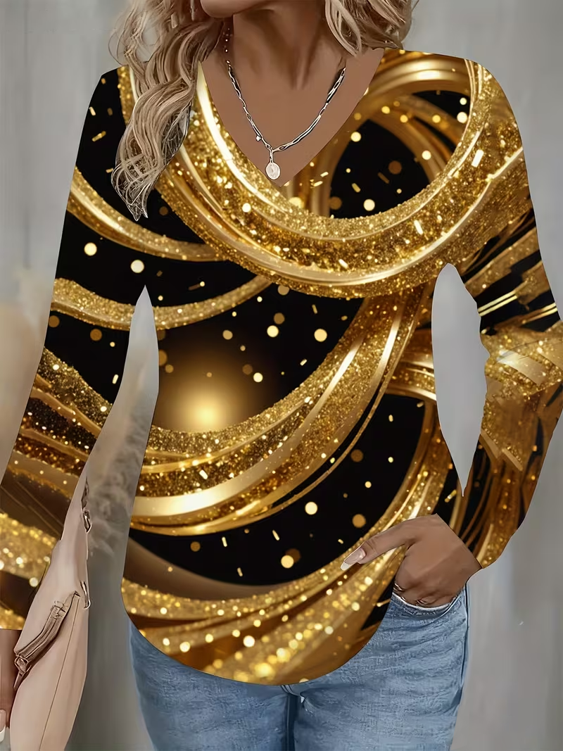 Women Abstract Long Sleeve Tee T-shirt V Neck Printing Casual Spring/Fall Graphic Tee Top