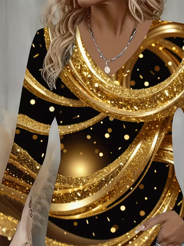 Women Abstract Long Sleeve Tee T-shirt V Neck Printing Casual Spring/Fall Graphic Tee Top